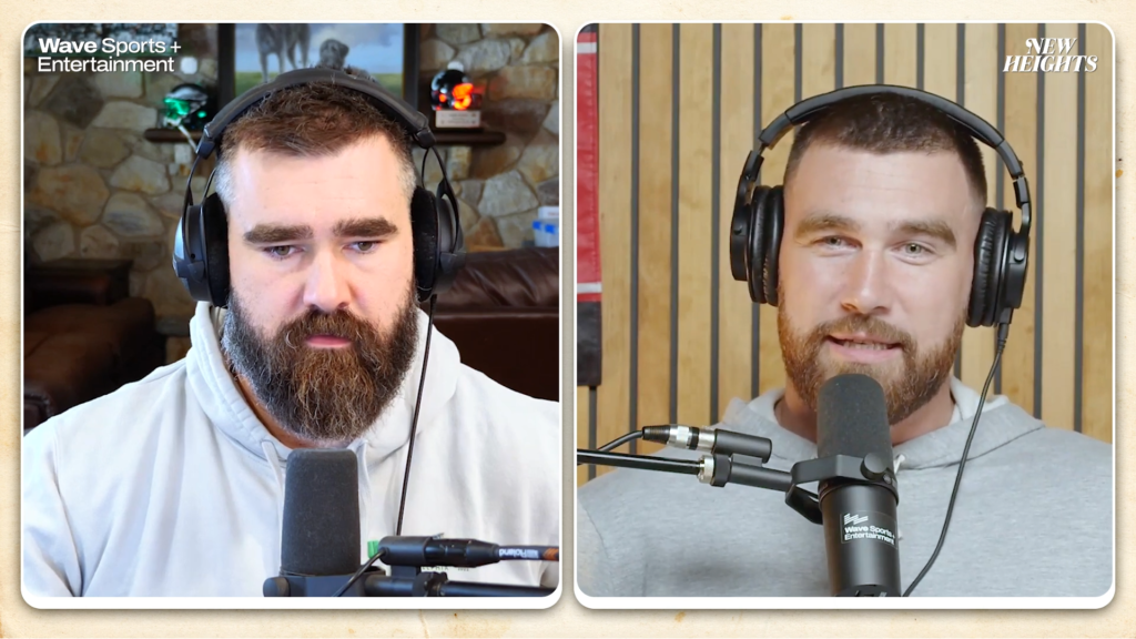 Jason Kelce and Travis Kelce on their New Heights podcast in 2024.