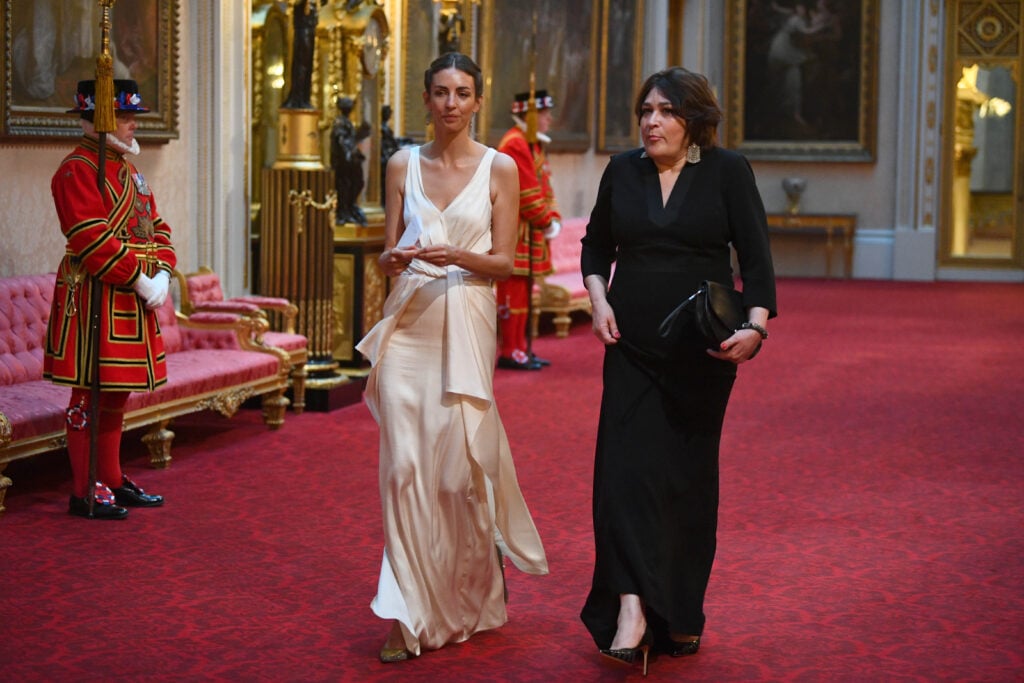Rose Hanbury arrives through the East Gallery for a State Banquet at Buckingham Palace on June 3, 2019 in London, England.