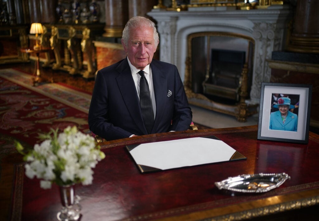 King Charles III delivers his address to the nation and the Commonwealth at Buckingham Palace following the death of Queen Elizabeth II on Thursday, September 8, at Balmoral on September 9, 2022, in London, England.
