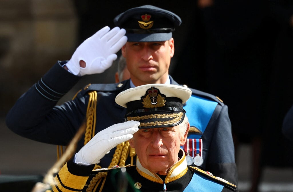 Prince William, the Prince of Wales and King Charles III depart following the State Funeral of Queen Elizabeth II on September 19, 2022 in London, England.  Elizabeth Alexandra Mary Windsor was born in Bruton Street, Mayfair, London, on 21 April 1926.