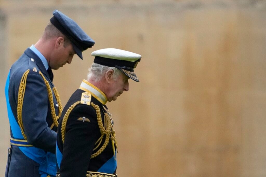 King Charles III of Great Britain and Prince William, Prince of Wales, arrive for the committal service of Queen Elizabeth II at Windsor Castle on September 19, 2022 in Windsor, England. 