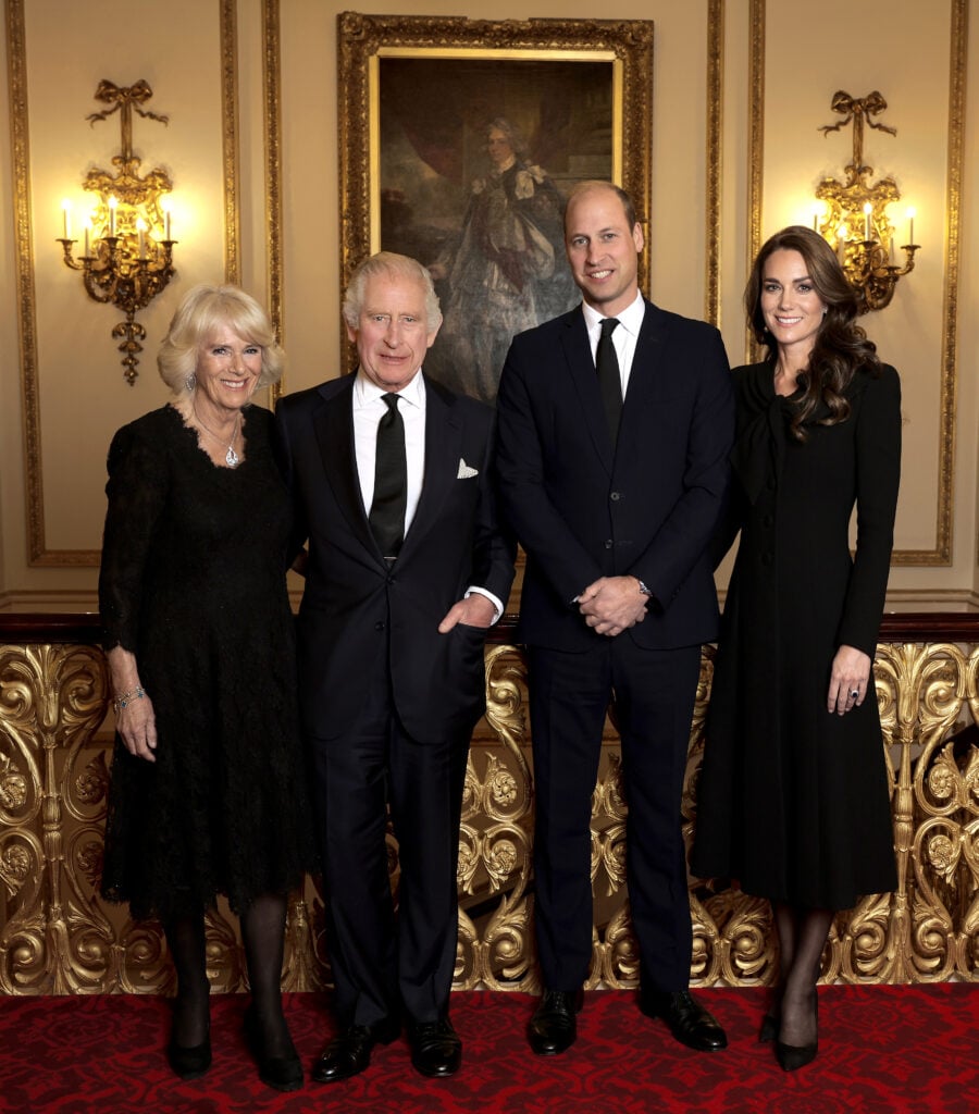 Camilla, Queen Consort, King Charles III, Prince William, Prince of Wales and Catherine, Princess of Wales pose for a photo before Their Majesties the King and Queen Consort's reception for Heads of State and Foreign Official Guests at Buckingham Palace in September 18, 2022 in London, England.