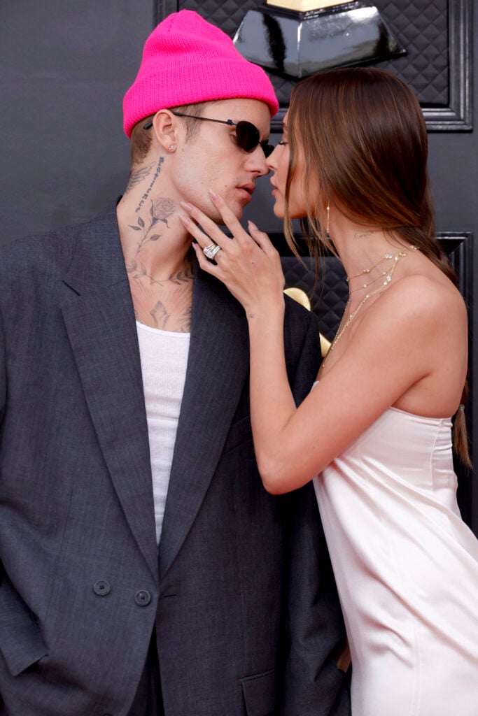 Justin Bieber and Hailey Bieber attend the 64th Annual GRAMMY Awards at MGM Grand Garden Arena on April 3, 2022 in Las Vegas, Nevada.