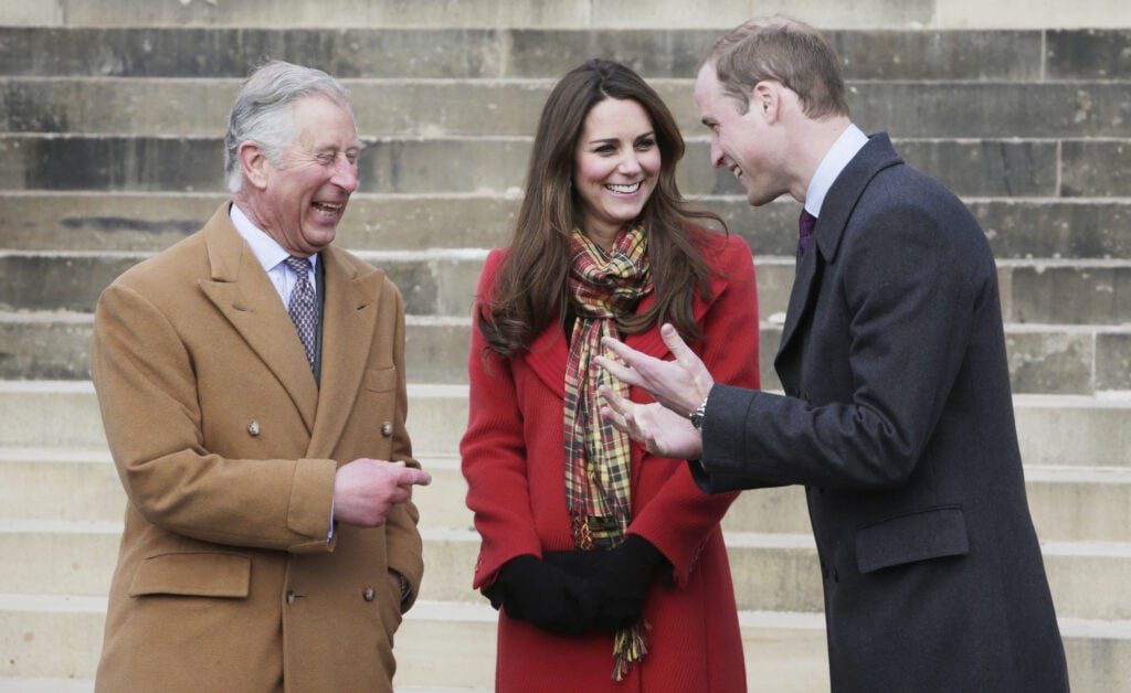 Prince Charles, Prince of Wales, known as the Duke of Rothesay, Catherine, Duchess of Cambridge, known as the Countess of Strathearn, and Prince William, Duke of Cambridge, known as the Earl of Strathearn, when in Scotland during a visit to Dumfries House 5 March 2013 in Ayrshire, Scotland. 