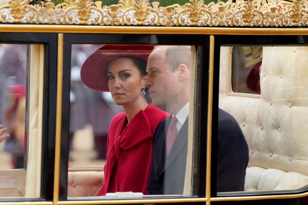 Catherine, Princess of Wales and Prince William, Prince of Wales depart from the Horse Guards Parade after the ceremonial reception to Buckingham Palace by carriage on November 21, 2023 in London, England.