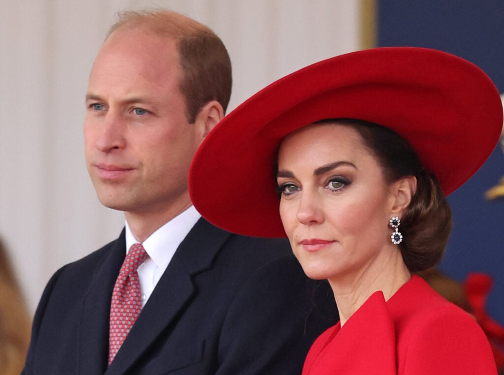 Prince William, Prince of Wales and Catherine, Princess of Wales attend a ceremonial reception for the President and First Lady of the Republic of Korea at Horse Guards Parade on November 21, 2023 in London, England.