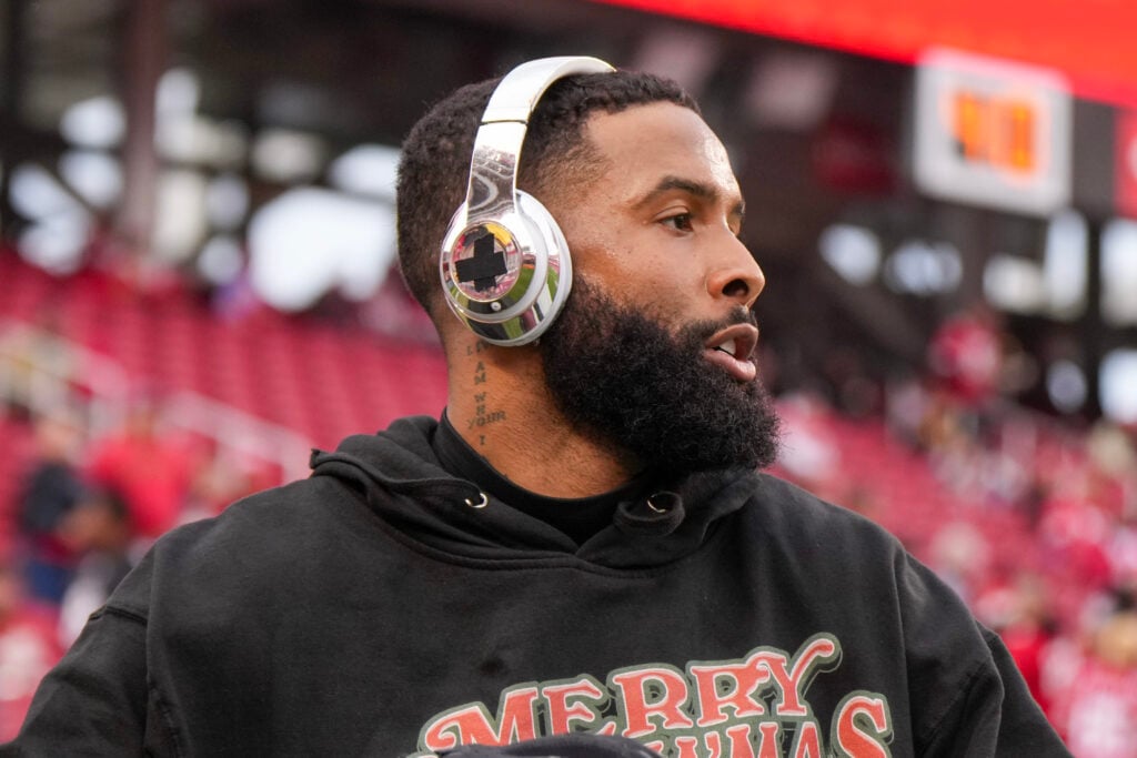 Odell Beckham Jr., No. 3 of the Baltimore Ravens, looks on before a game against the San Francisco 49ers at Levi's Stadium on December 25, 2023 in Santa Clara, California.