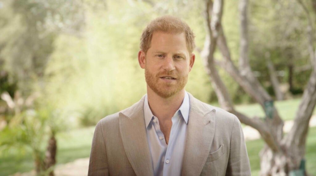 In this Sport Gives Back Awards/ITV flyer, Prince Harry, Duke of Sussex appears at the Sport Gives Back Awards 2024 via a pre-recorded video at Cadogan Hall on February 28, 2024 in London, England.  The Sport Gives Back Awards will be broadcast on ITV on Sunday 24 March.