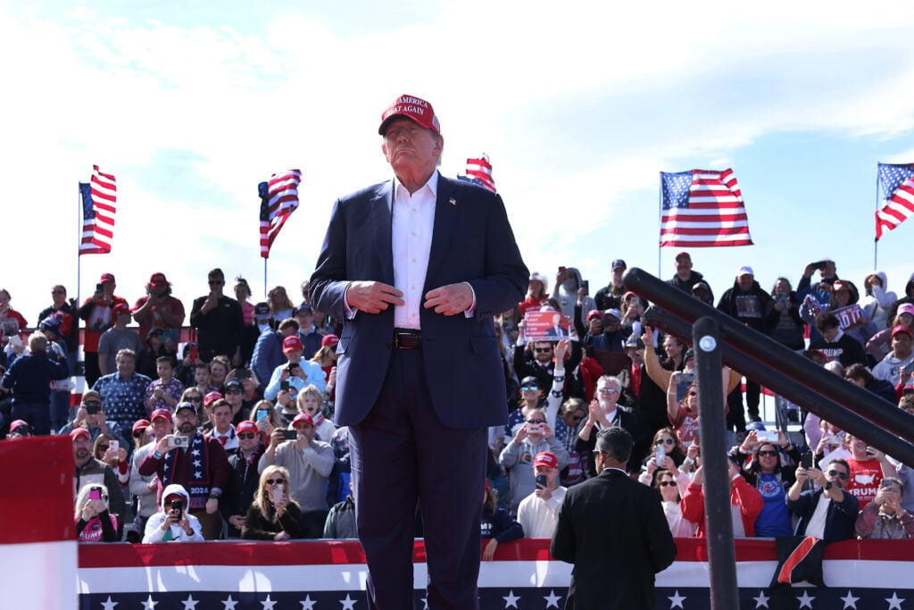 President Donald Trump arrives for a rally at Dayton International Airport on March 16, 2024 in Vandalia, Ohio.  The rally was organized by Buckeye Values ​​PAC.