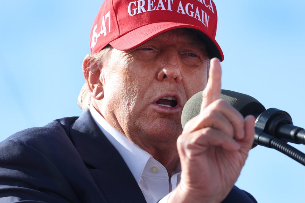 Donald Trump speaks to supporters during a rally at Dayton International Airport on March 16, 2024 in Vandalia, Ohio.