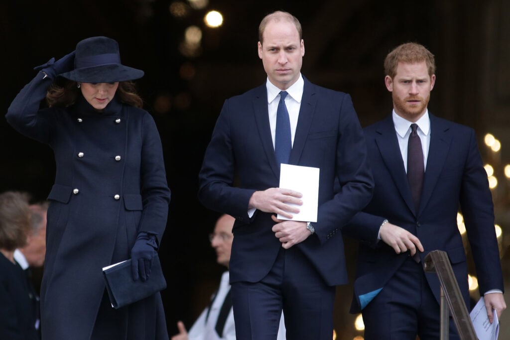 Catherine, Duchess of Cambridge, Prince William, Duke of Cambridge and Prince Harry depart after attending the Grenfell Tower National Memorial Service at St Paul's Cathedral on December 14, 2017 in London, England. 