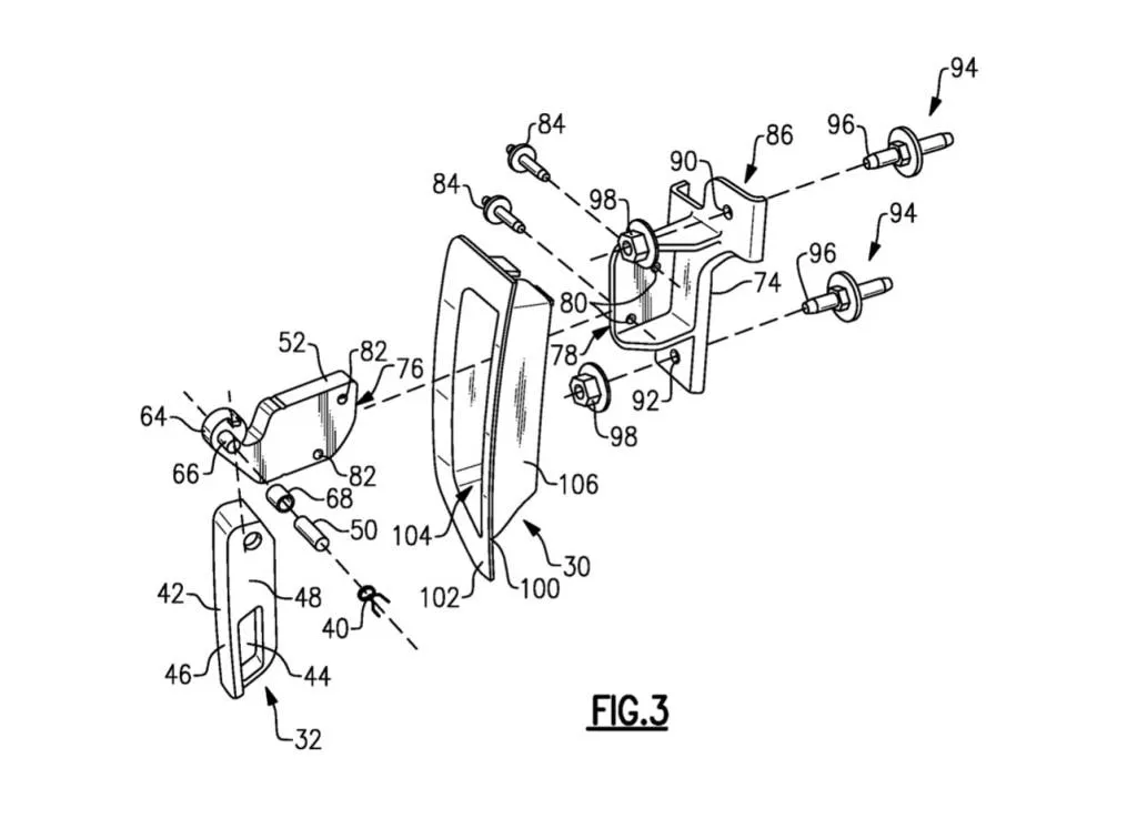 Patent image of Ford retractable fender attachment point