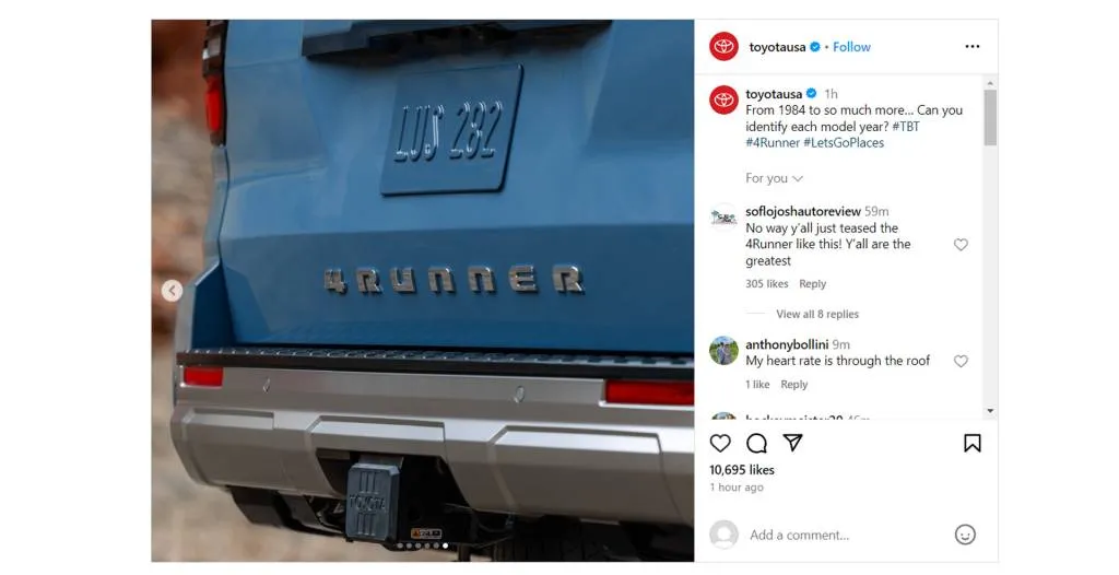 Toyota Instagram post made on March 28, 2024