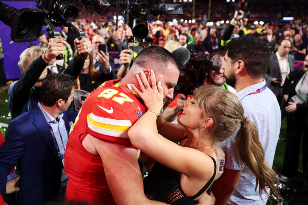 Taylor Swift and Travis Kelce in February 2024 after their Super Bowl win.