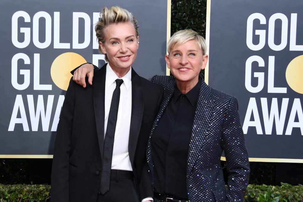 Portia de Rossi and American comedian Ellen DeGeneres arrive for the 77th Golden Globe Awards on January 5, 2020 at The Beverly Hilton hotel in Beverly Hills, California. 