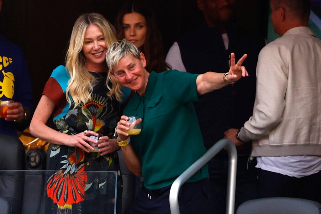 Portia de Rossi and Ellen DeGeneres attend Super Bowl LVI between the Los Angeles Rams and Cincinnati Bengals at SoFi Stadium on February 13, 2022 in Inglewood, California.