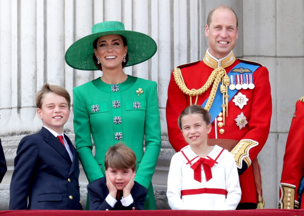 Prince William, Prince of Wales, Prince Louis of Wales, Catherine, Princess of Wales, Princess Charlotte of Wales and Prince George of Wales on the balcony of Buckingham Palace during Trooping the Color on June 17, 2023 in London, England.  
