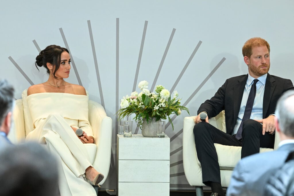 Meghan, Duchess of Sussex and Prince Harry, Duke of Sussex speak on stage at the Archewell Foundation Parent Summit: Mental Wellbeing in the Digital Age during the Healthy Minds Project's 2023 World Mental Health Day Festival at Hudson Yards in October 10, 2023 in New York City.