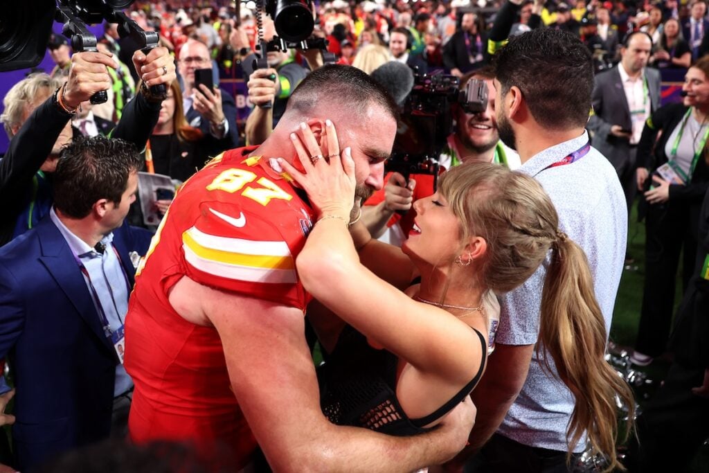 Travis Kelce celebrates with Taylor Swift