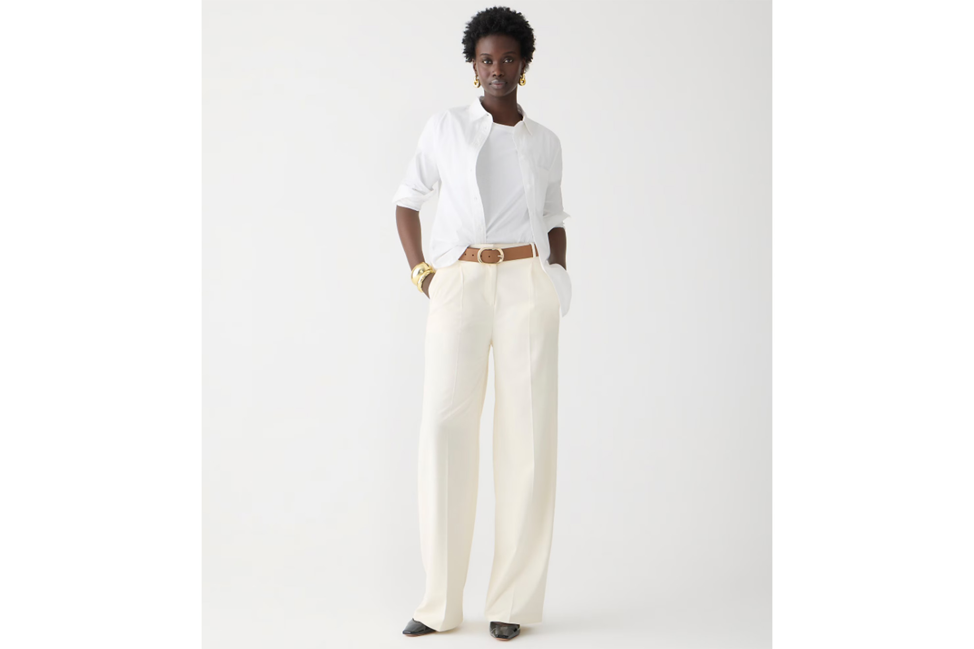 Model with button-down and twill pants