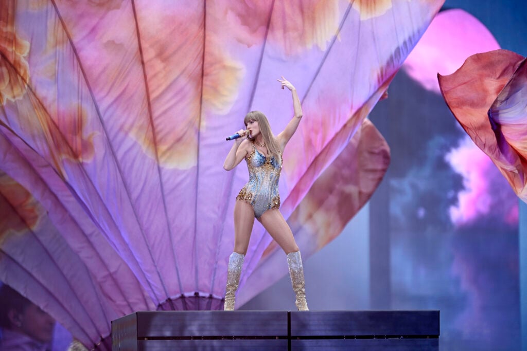 Taylor Swift on stage at Wembley Stadium in 2024.