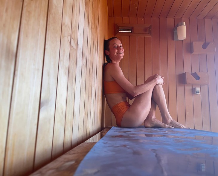 SWEAT SETTER: Brie Larson heats things up during a visit to the sauna for self-care.