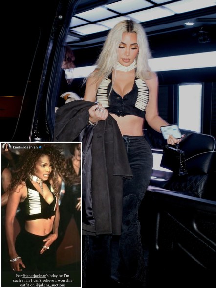 PLANET JANET: Wearing the original blouse from Janet Jackson's “If” music video (detail), Kim Kardashian pays homage to the singer by wearing it at her show in California.