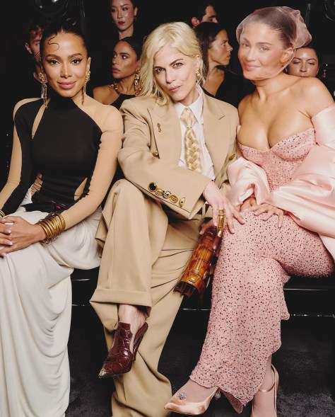 WOMEN IN FRONT: Anitta (from left to right), Selma Blair and Kylie Jenner at the Schiaparelli show during Paris Fashion Week.