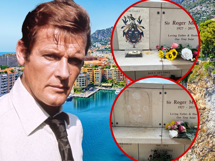 Roger Moore's tombstone before after