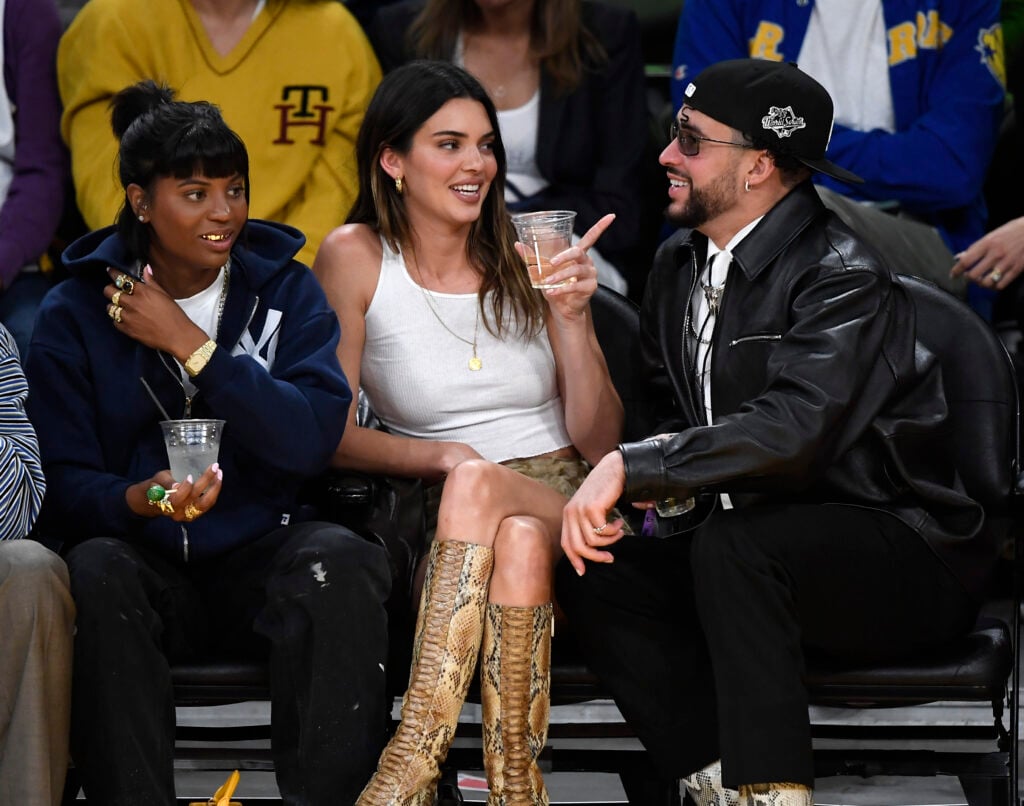 Kendall Jenner and Bad Bunny attend the Western Conference Semifinal game between the Los Angeles Lakers and Golden State Warriors at Crypto.com Arena on May 12, 2023 in Los Angeles, California. 