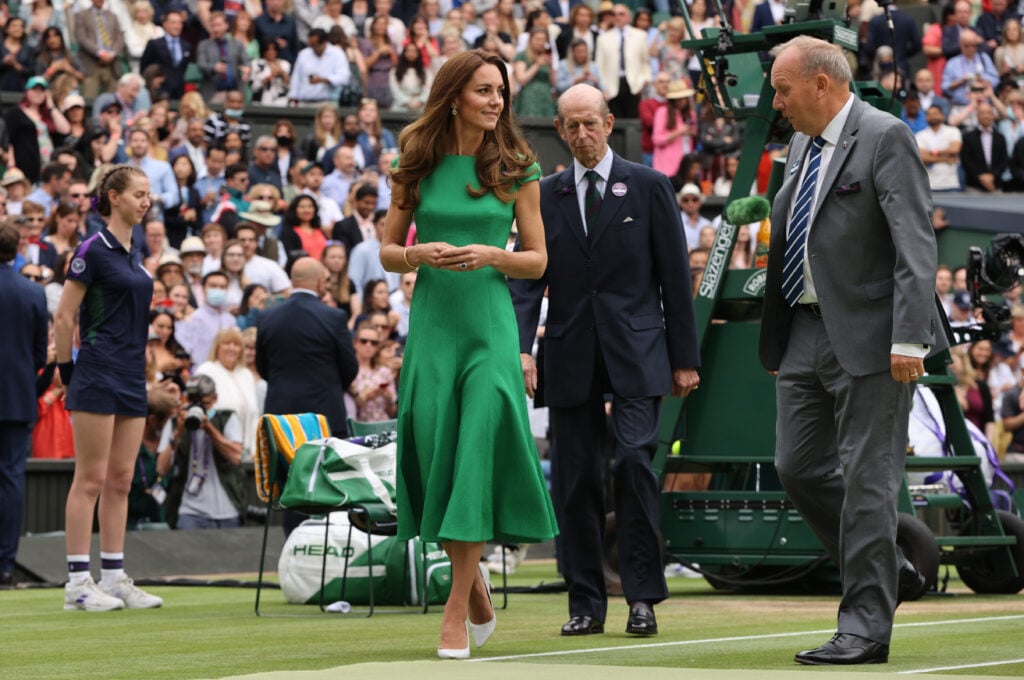 HRH Catherine, Duchess of Cambridge, after the women's singles final between Ashleigh Barty of Australia and Karolina Pliskova of the Czech Republic on day 12 of The Championships - Wimbledon 2021. 