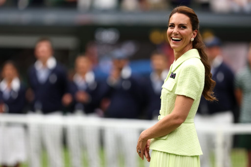 Catherine, Princess of Wales watches as Marketa Vondrousova of the Czech Republic wins in the women's singles final against Ons Jabeur of Tunisia on the thirteenth day of The Championships Wimbledon 2023 at the All England Lawn Tennis and Croquet Club on July 15, 2023 in London , England.