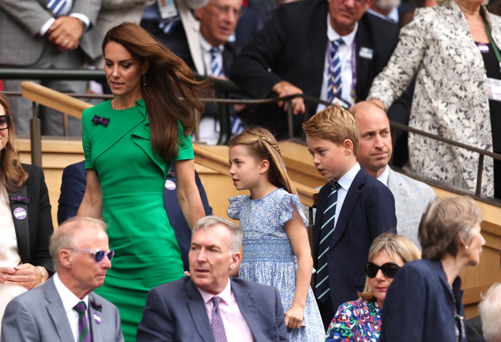 Catherine, Princess of Wales, Princess Charlotte of Wales, Prince George of Wales and Prince William, Prince of Wales, are seen in the Royal Box before the Men's Singles Final between Novak Djokovic of Serbia and Carlos Alcaraz of Spain on the fourteenth day of the Championships of Wimbledon 2023 at the All England Lawn Tennis and Croquet Club on July 16, 2023 in London, England. 