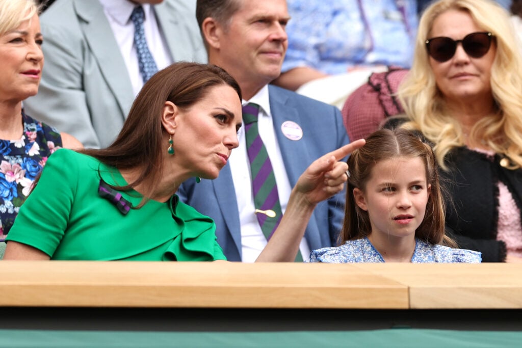 Catherine, Princess of Wales and Princess Charlotte of Wales are seen in the royal box before the men's singles final between Novak Djokovic of Serbia and Carlos Alcaraz of Spain on July 16, 2023 in London, England. 