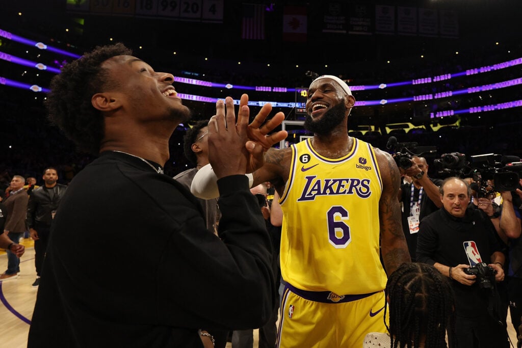 LeBron James and son Bronny James in February 2023.