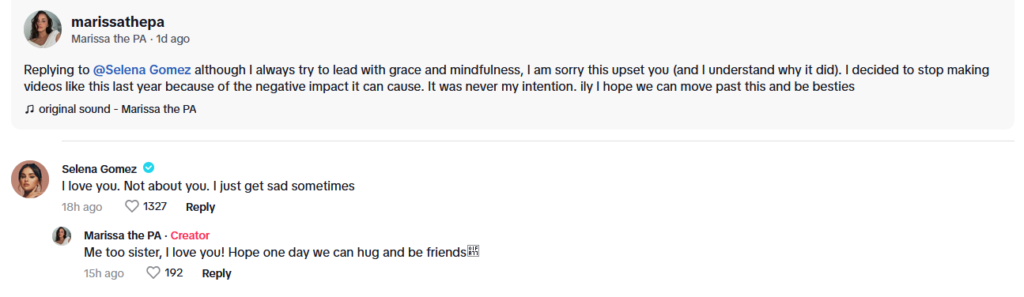 A screenshot of a TikTok caption followed by a comment from Selena Gomez.