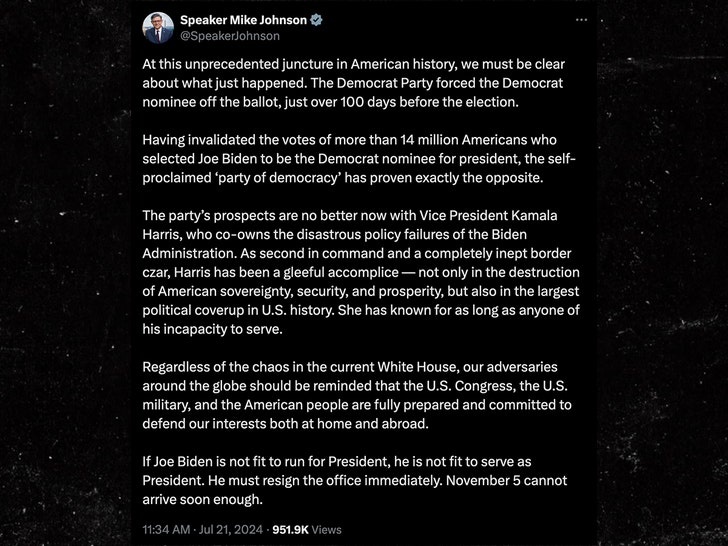 mike johnson's post on biden's resignation