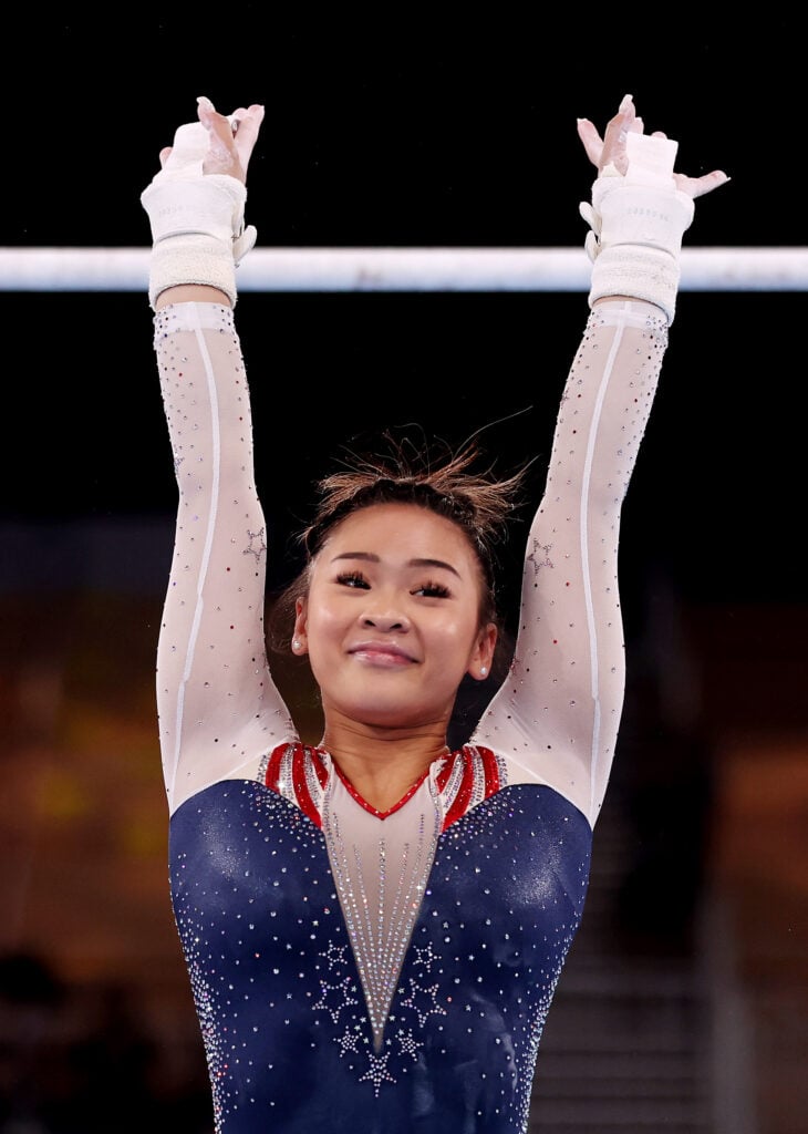 Sunisa Lee of Team USA reacts after competing on the uneven bars during the women's individual all-around final on day six of the Tokyo 2020 Olympic Games at the Ariake Gymnastics Center on July 29, 2021 in Tokyo, Japan. 