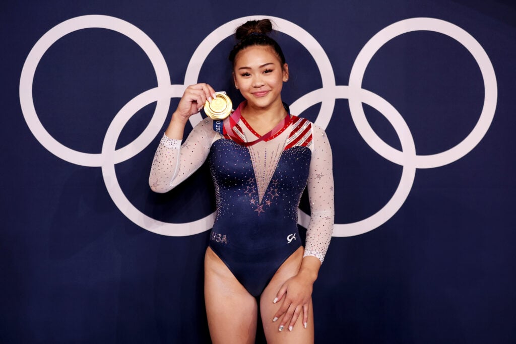 Sunisa Lee of Team USA poses with her gold medal after winning the women's all-around final on day six of the Tokyo 2020 Olympic Games at the Ariake Gymnastics Center on July 29, 2021 in Tokyo, Japan. 