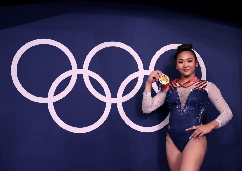 Sunisa Lee of Team USA poses with her gold medal after winning the women's all-around final on day six of the Tokyo 2020 Olympic Games at the Ariake Gymnastics Center on July 29, 2021 in Tokyo, Japan.