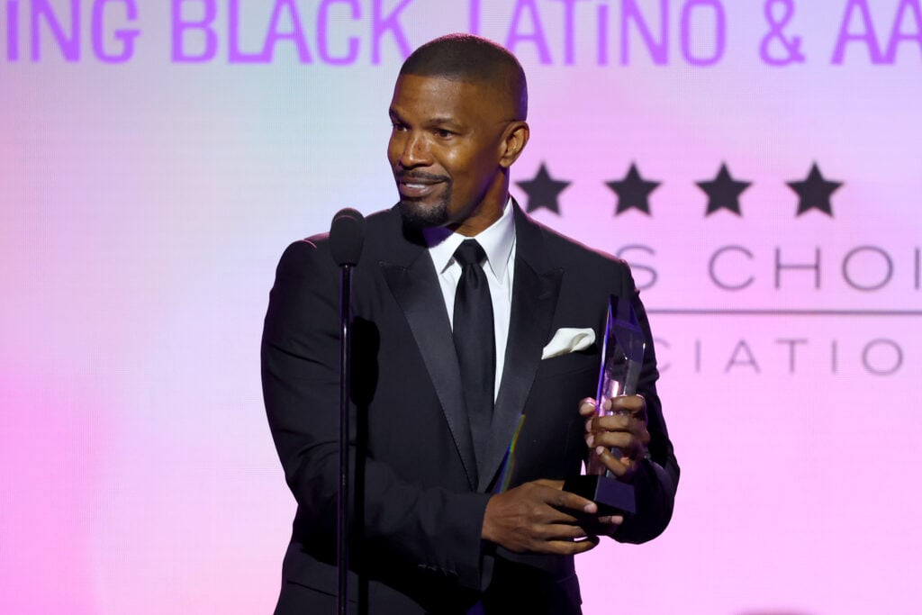 Jamie Foxx speaks onstage during the Critics Choice Association Celebration of Film and Television: Honoring Black, Latino and AAPI Achievement at Fairmont Century Plaza on December 4, 2023 in Los Angeles, California.