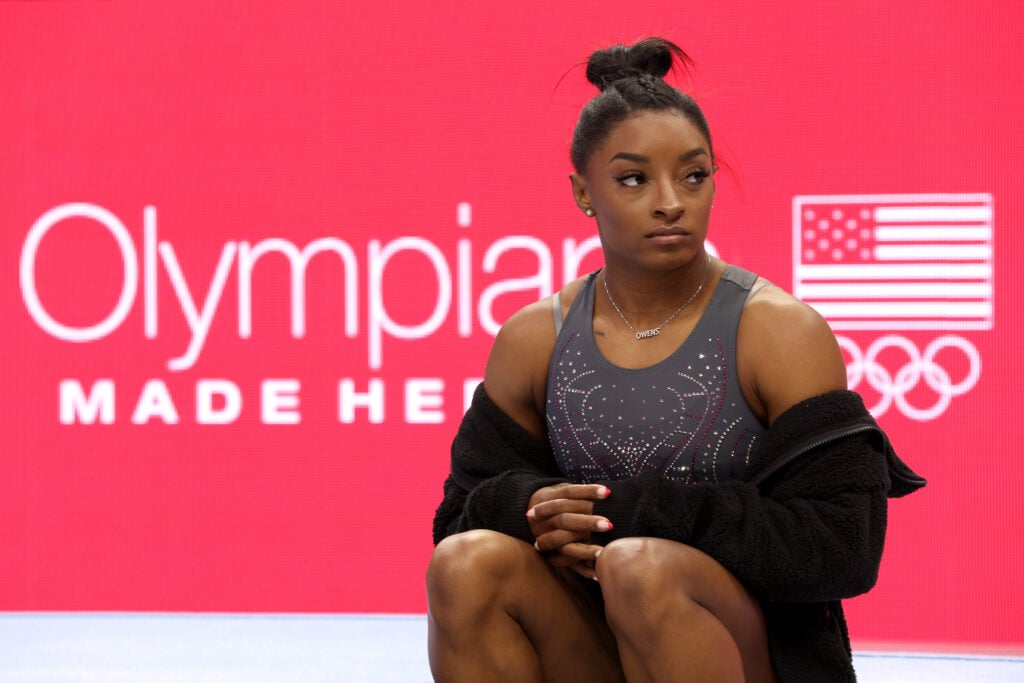 Simone Biles looks on before the start of day two of the 2024 U.S. Olympic Team Gymnastics Trials at Target Center on June 28, 2024 in Minneapolis, Minnesota. 