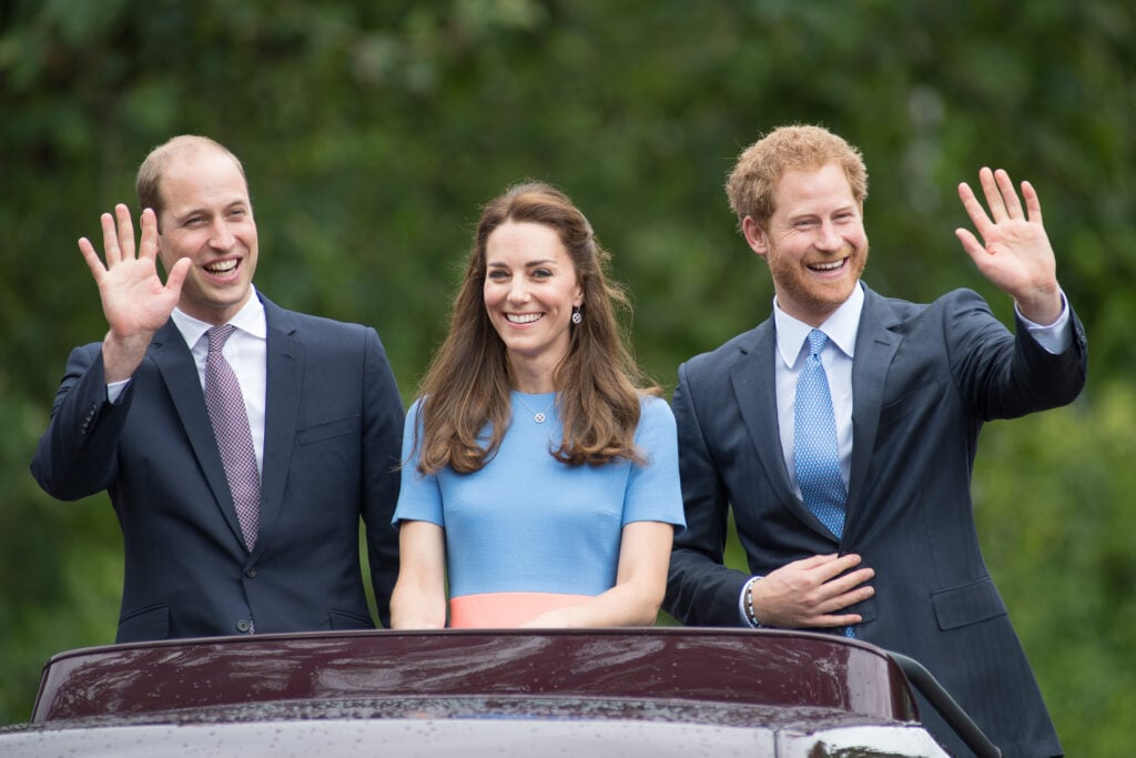 Prince William, Duke of Cambridge, Catherine, Duchess of Cambridge and Prince Harry during "The Patron's Luncheon" Queen's 90th birthday celebrations on The Mall on June 12, 2016 in London, England.  