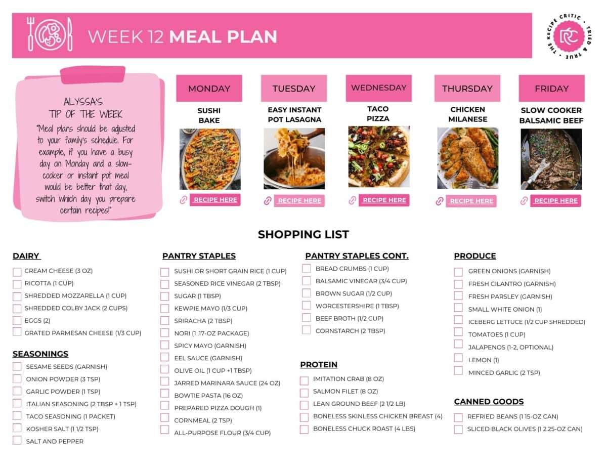 A printable with 5 recipes and a shopping list. 