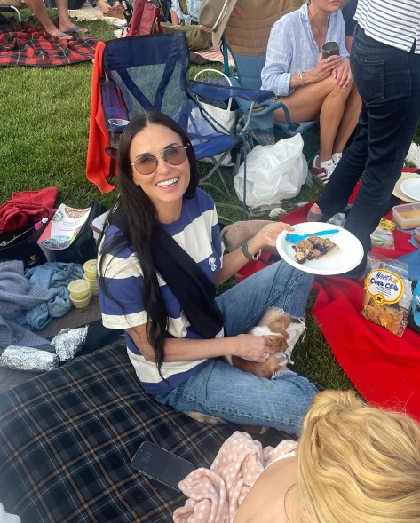 MOORE PICNIC POWER: With a pie in one hand and a Pilaf puppy in the other, Demi Moore is ready for success at the Sun Valley Music Festival in Idaho.