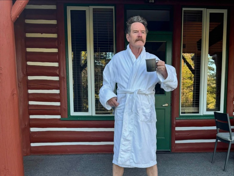 ROBE-TROTTER: At Jasper National Park in Canada, Bryan Cranston makes the most of his relaxation time in the right attire.