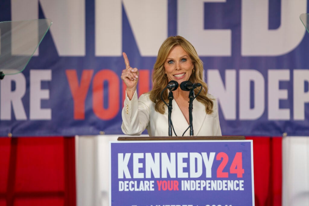 Cheryl Hines introduces her husband, presidential candidate Robert F. Kennedy Jr., at a press conference on October 9, 2023 in Philadelphia, Pennsylvania. 