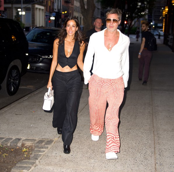 CHEST PRINTS: Brad Pitt and girlfriend Ines de Ramon make a stylish couple in New York.