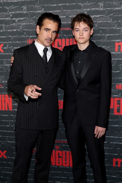 DAPPER DYNASTY: Colin Farrell and his 14-year-old twin son Henry at the premiere of HBO's 