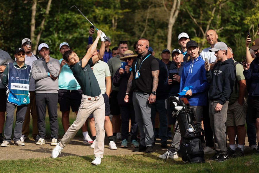 WEB-SWINGER: Tom Holland hits a clean shot during a celebrity game ahead of the PGA Championship at Virginia Water, England.